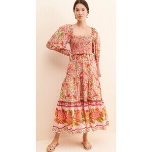 Farm Rio Midi Dress Macaw Flight Smocked Preppy Coastal Vacay Boho Retro Large